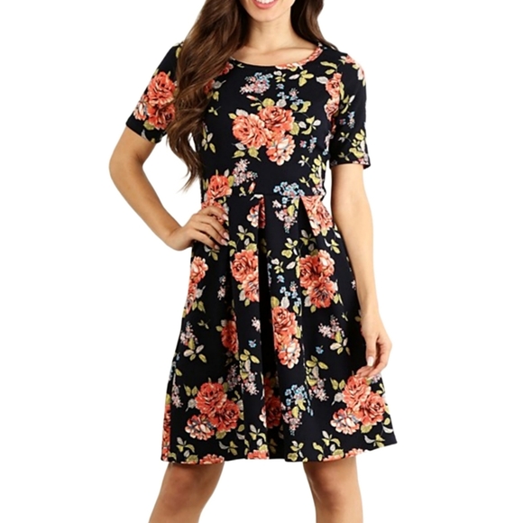 HarvestOfLove Dresses & Skirts - NAVY & ORANGE FLORAL PLEATED A-LINE DRESS